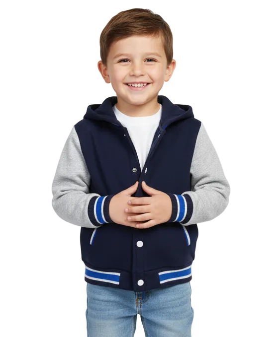 Boys Fleece Varsity Hooded Jacket- Navy (2-4), (S-XL) $9.00-$10.00 Per Piece. VJ2199