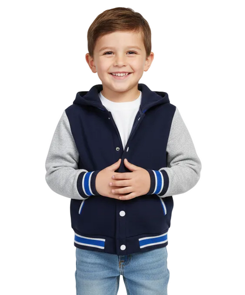 Boys Fleece Varsity Hooded Jacket- Navy (2-4), (S-XL) $9.00-$10.00 Per Piece. VJ2199