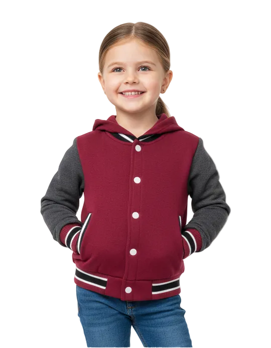 Girls Fleece Varsity Hooded Jacket- Burgundy (2-4), (S-XL) $9.00-$10.00 Per Piece. VJ2199
