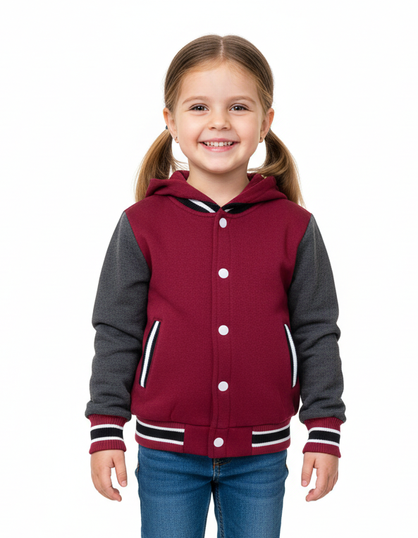 Girls Fleece Varsity Hooded Jacket- Burgundy (2-4), (S-XL) $9.00-$10.00 Per Piece. VJ2199