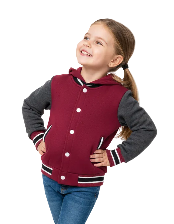 Girls Fleece Varsity Hooded Jacket- Burgundy (2-4), (S-XL) $9.00-$10.00 Per Piece. VJ2199