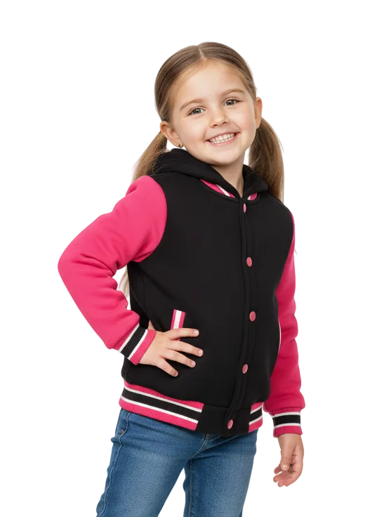 Girls Fleece Varsity Hooded Jacket- Pink (2-4), (S-XL) $9.00-$10.00 Per Piece. VJ2199