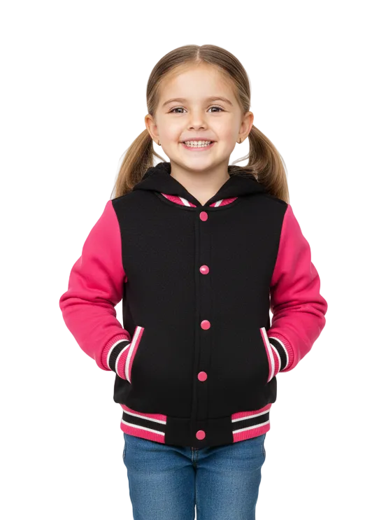 Girls Fleece Varsity Hooded Jacket- Pink (2-4), (S-XL) $9.00-$10.00 Per Piece. VJ2199