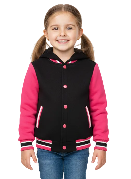 Girls Fleece Varsity Hooded Jacket- Pink (2-4), (S-XL) $9.00-$10.00 Per Piece. VJ2199