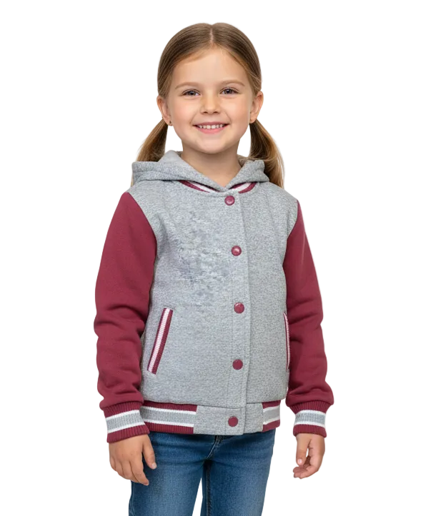 Girls Fleece Varsity Hooded Jacket- Plum (2-4), (S-XL) $9.00-$10.00 Per Piece. VJ2199