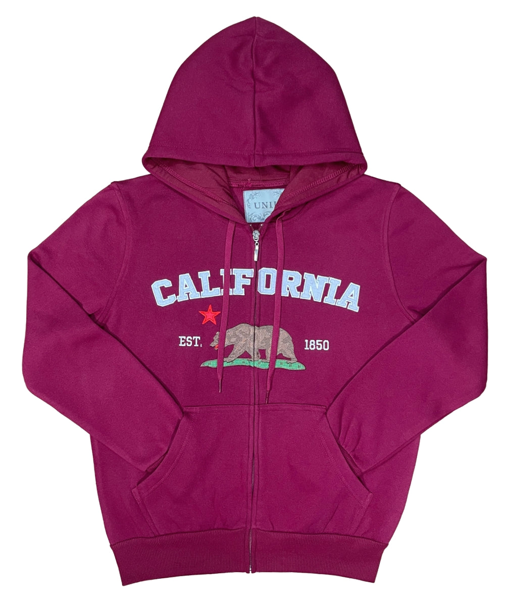 Premium Quality California Embroidered Zip Up Hoodie - Burgundy (S-XL) $11.25 Per Piece. WBT64