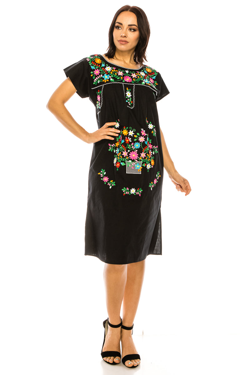 Traditional Black Mexican  Dress with Colorful Embroidery (S-3XL) $15 Per Piece. WD2058
