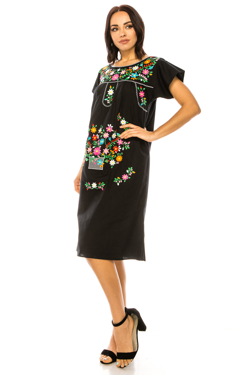 Traditional Black Mexican  Dress with Colorful Embroidery (S-3XL) $15 Per Piece. WD2058