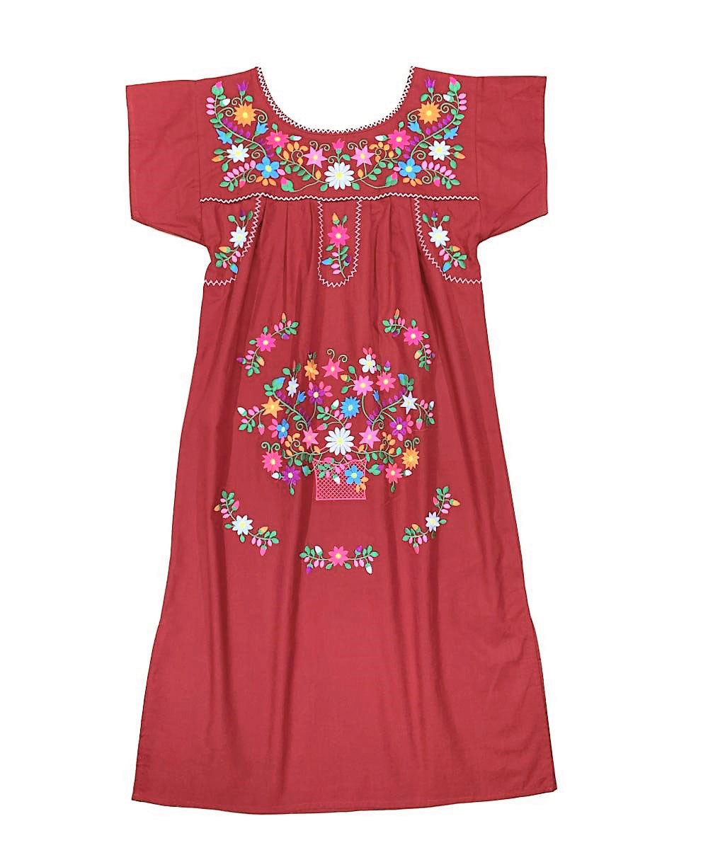 Traditional Burgundy Mexican Women Embroidered Dress (S-3XL) $15 Per Piece. WD2058