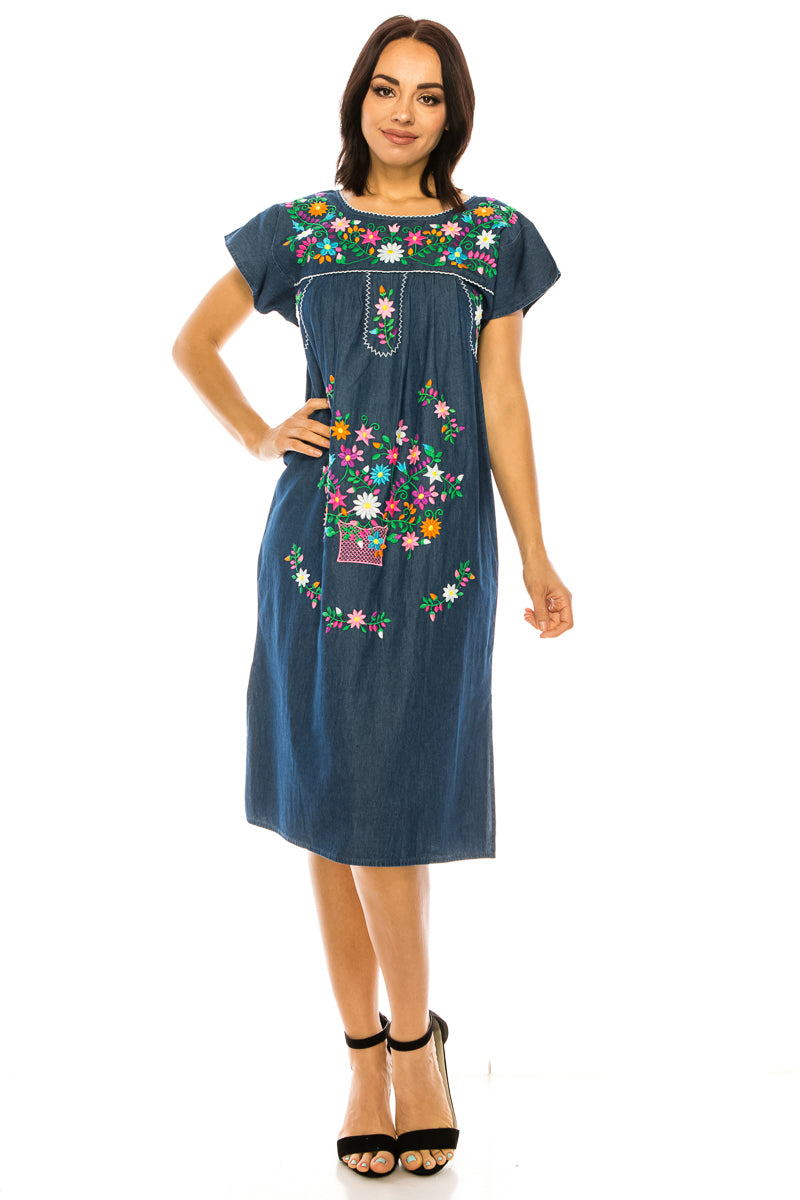 Traditional Chambray Denim Mexican Women Embroidered Dress (S-3XL) $15 Per Piece. WD2058