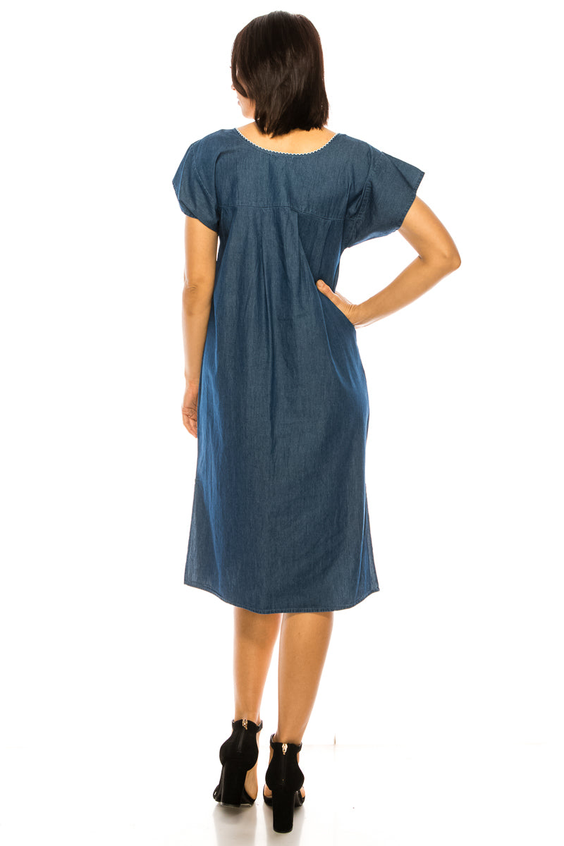 Traditional Chambray Denim Mexican Women Embroidered Dress (S-3XL) $15 Per Piece. WD2058
