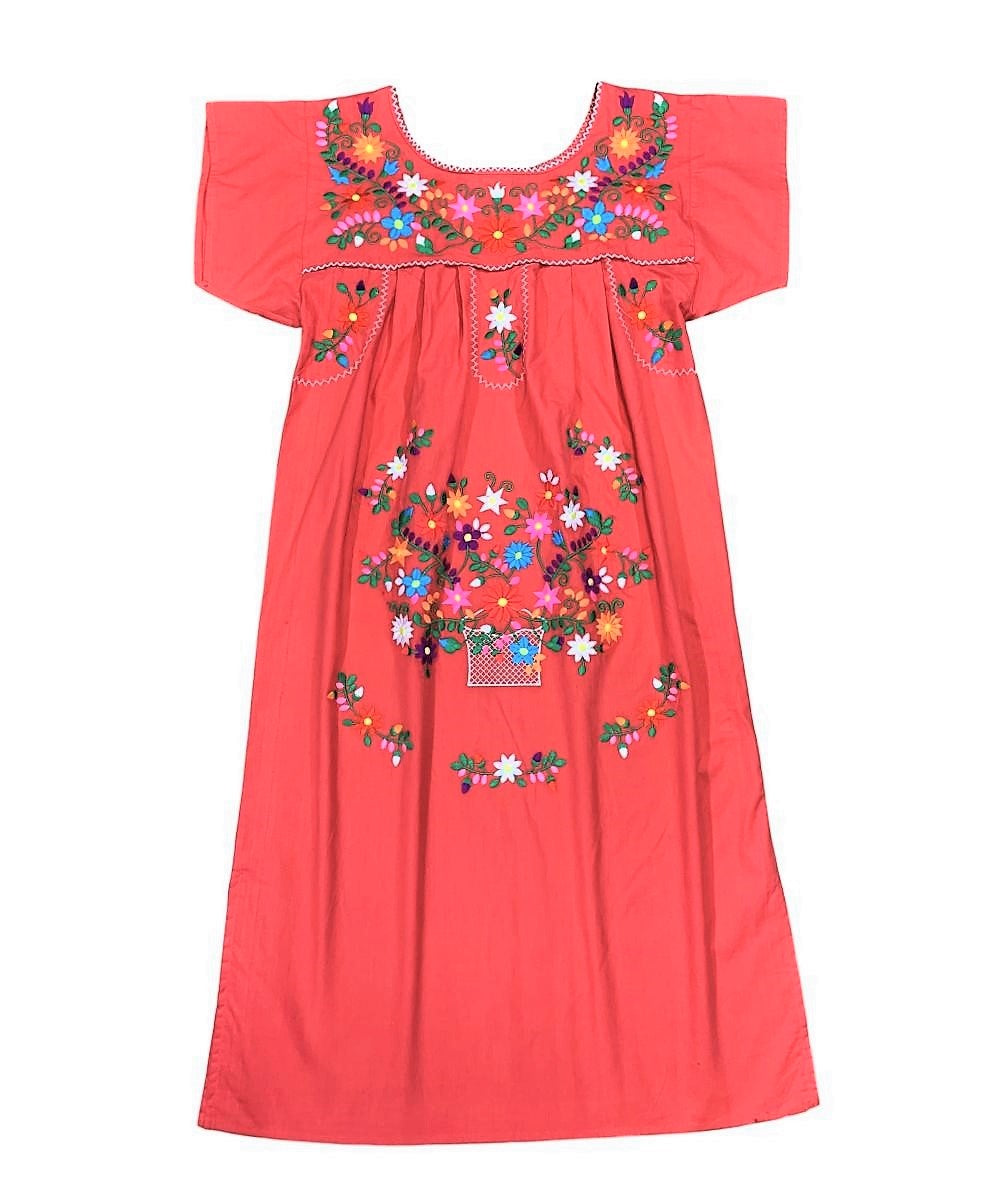Traditional Coral Mexican Women Embroidered Dress (S-3XL) $15 Per Piece. WD2058