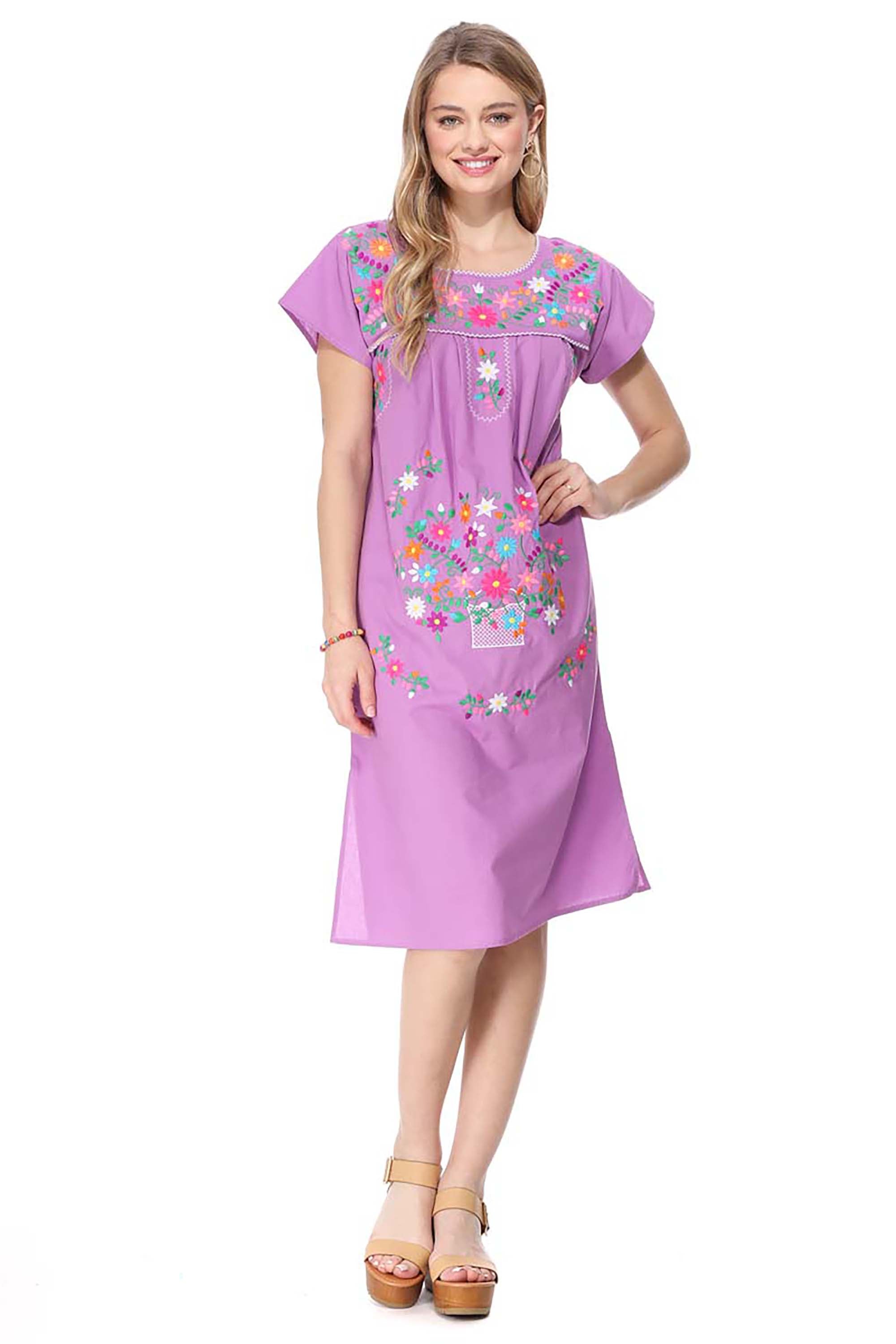 Traditional Lilac Mexican Women Embroidered Dress (S-3XL) $15 Per Piece. WD2058