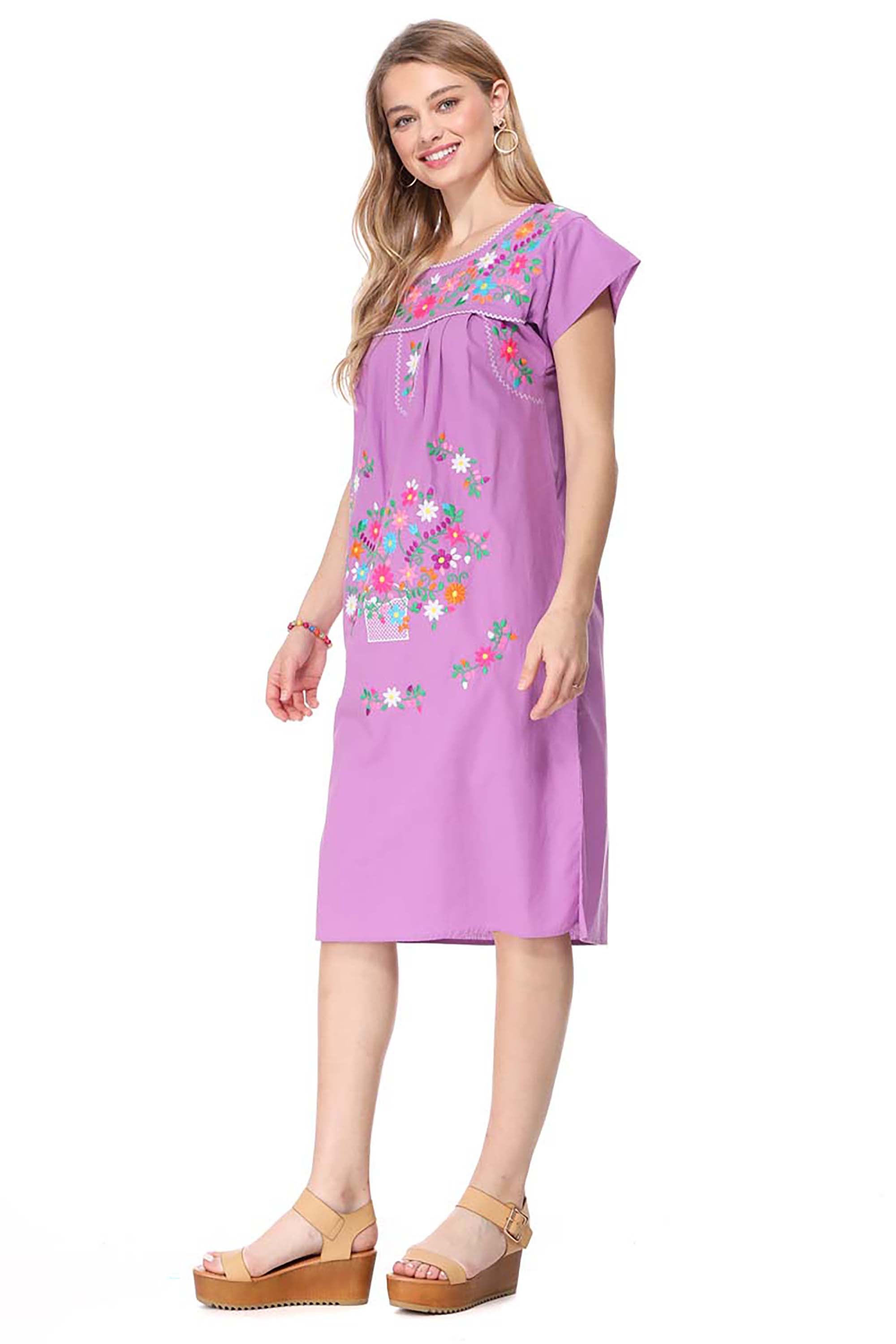 Traditional Lilac Mexican Women Embroidered Dress (S-3XL) $15 Per Piece. WD2058