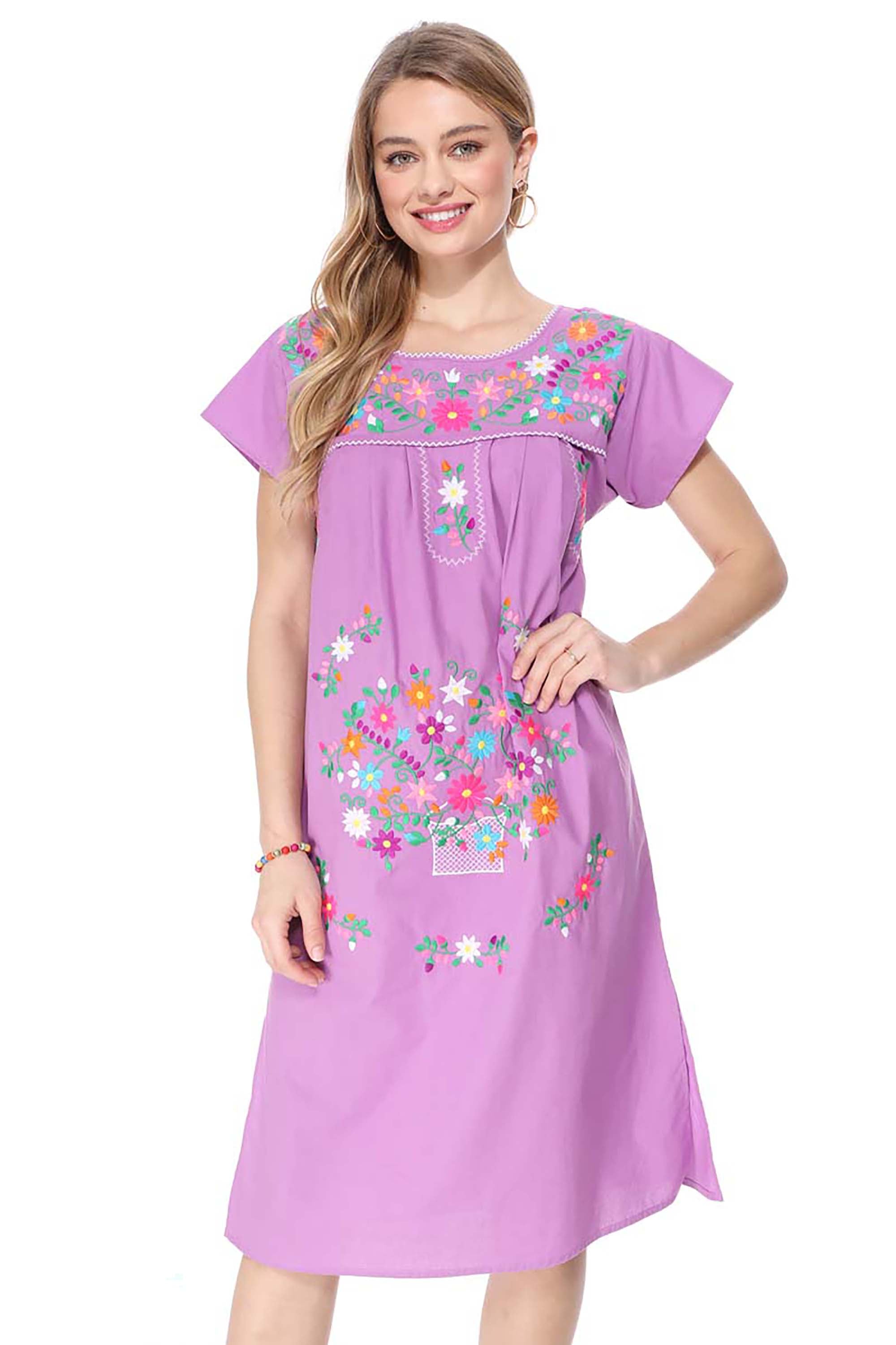 Traditional Lilac Mexican Women Embroidered Dress (S-3XL) $15 Per Piece. WD2058