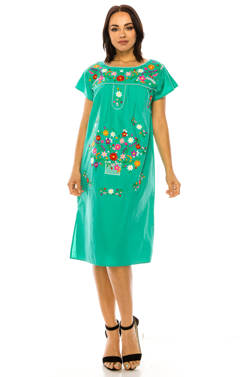 Traditional Mint Mexican Women Embroidered Dress (S-3XL) $15 Per Piece. WD2058