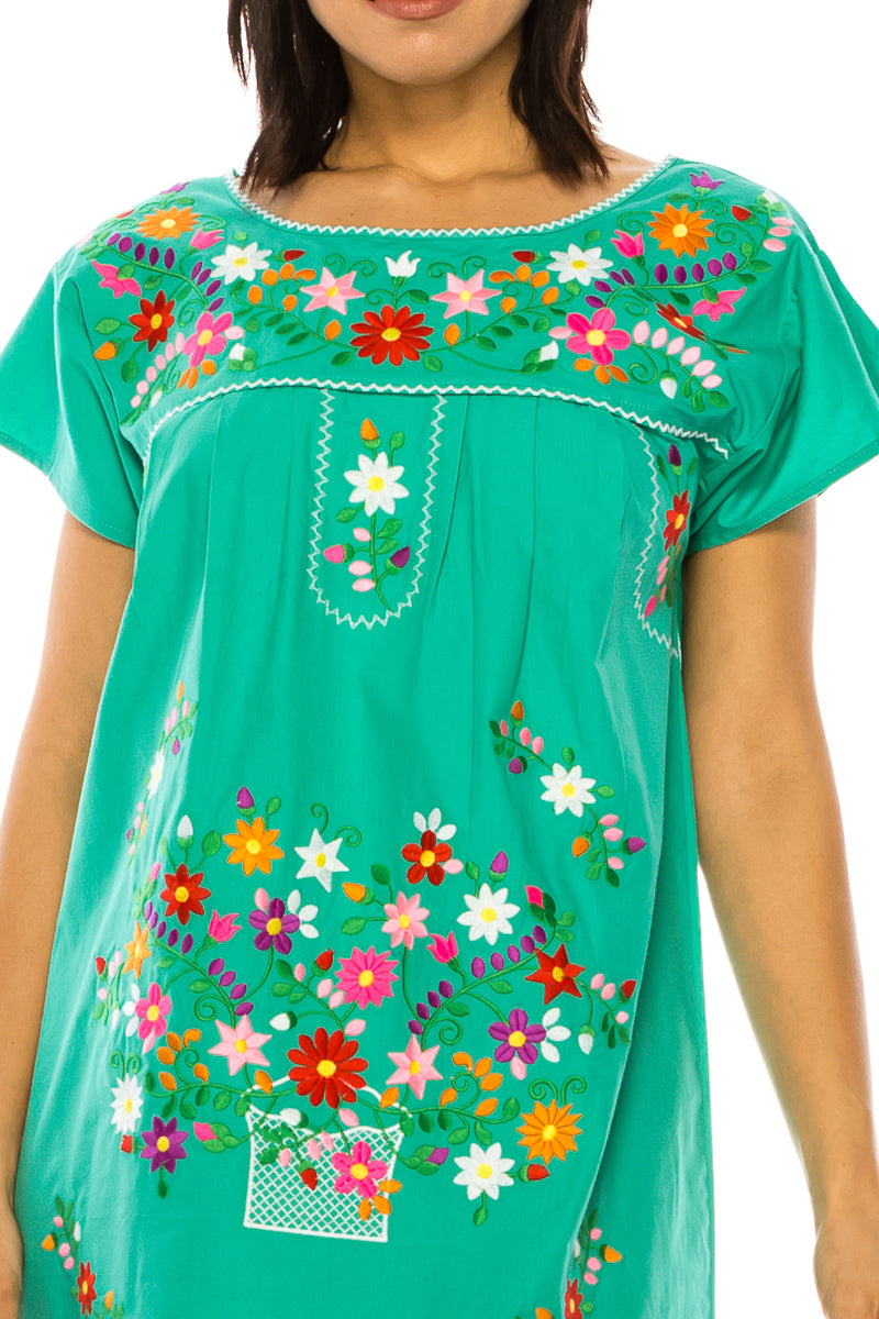 Traditional Mint Mexican Women Embroidered Dress (S-3XL) $15 Per Piece. WD2058