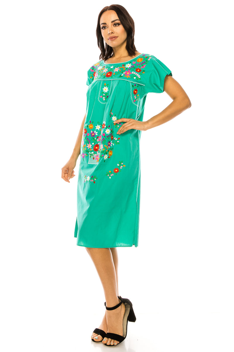 Traditional Mint Mexican Women Embroidered Dress (S-3XL) $15 Per Piece. WD2058