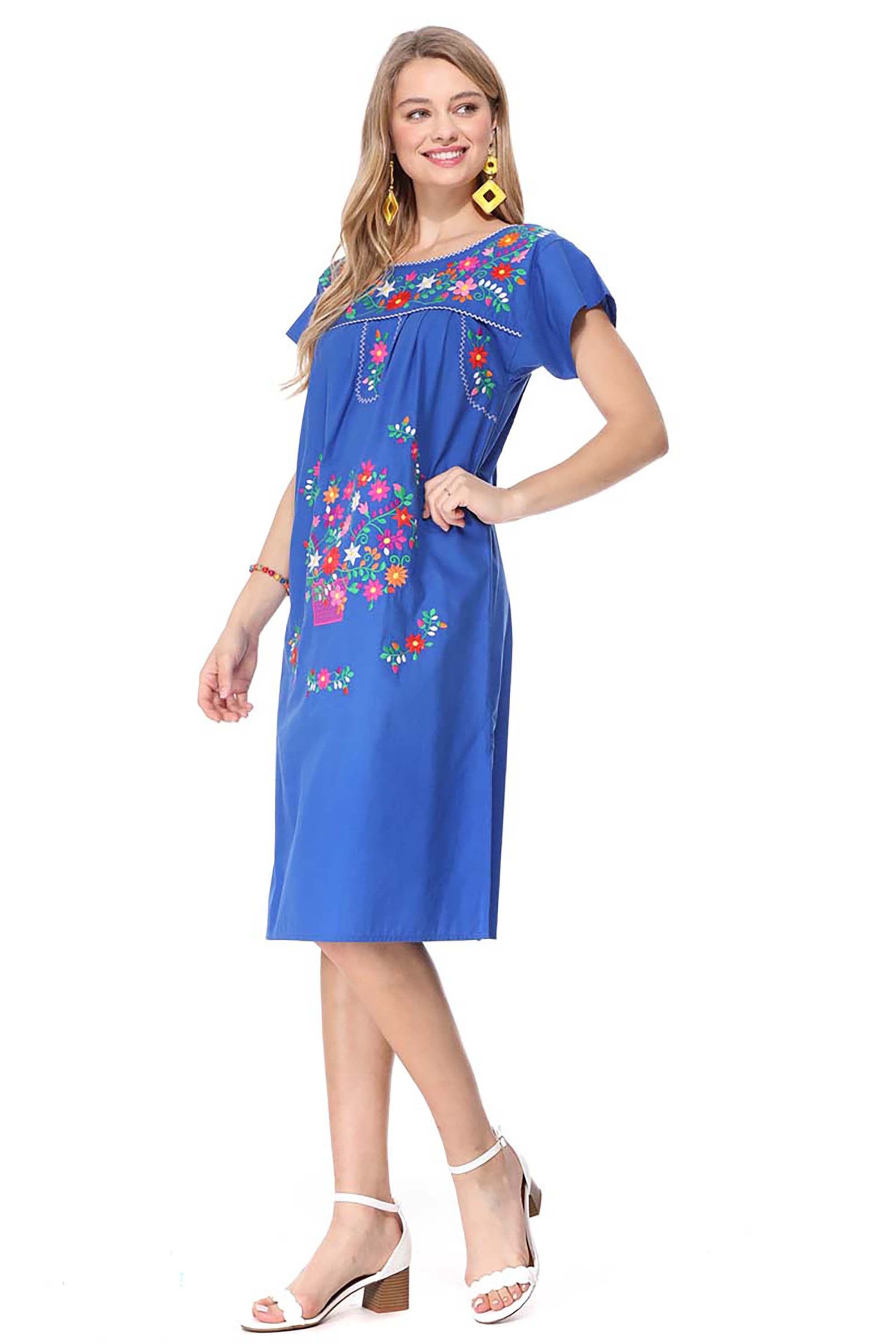 Traditional Royal Blue  Mexican Women Embroidered Dress (S-3XL) $15 Per Piece. WD2058