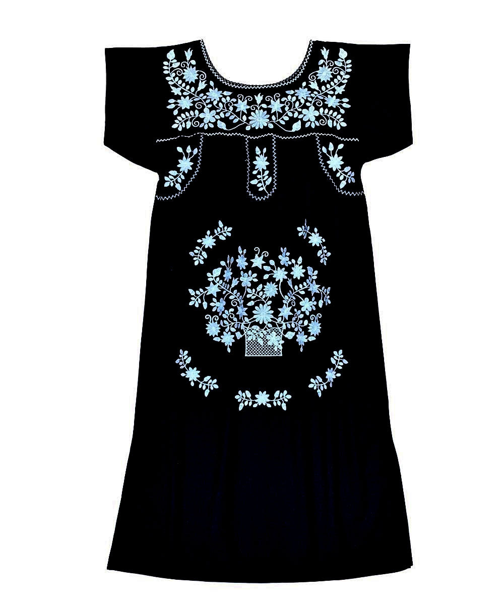 Traditional Black Mexican  Dress with White Embroidery (S-3XL) $15 Per Piece. WD2058
