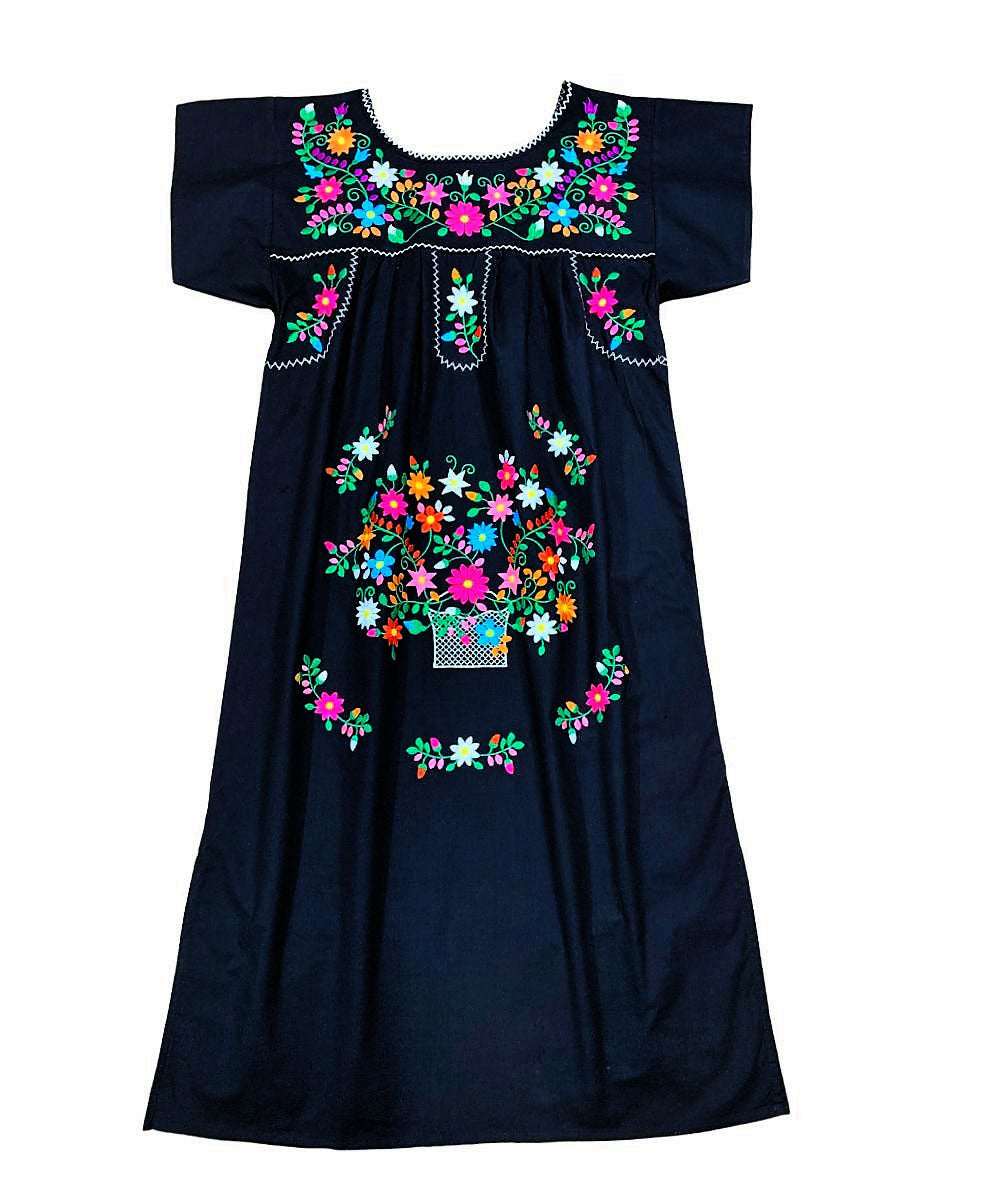 Traditional Black Mexican  Dress with Colorful Embroidery (S-3XL) $15 Per Piece. WD2058