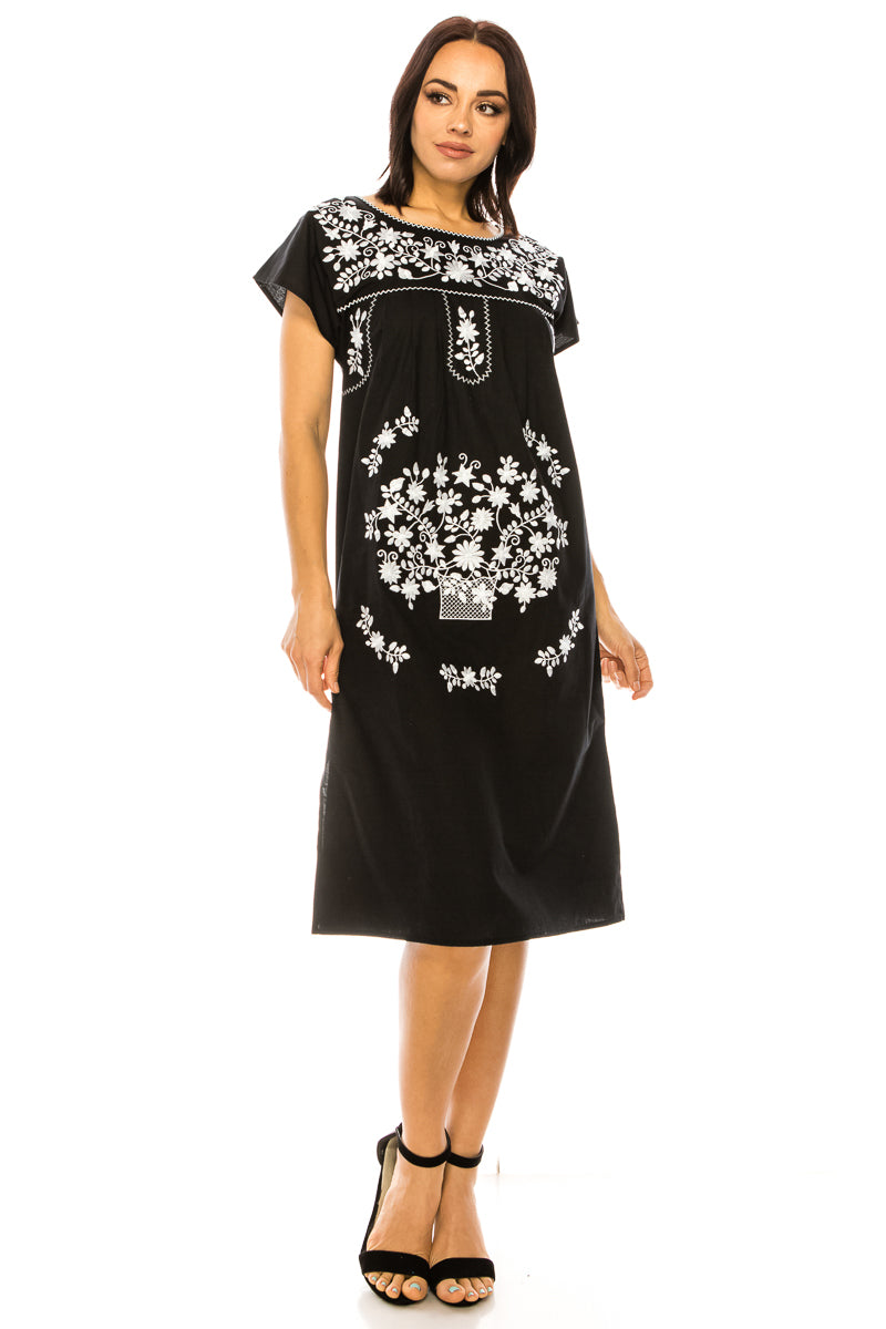 Traditional Black Mexican  Dress with White Embroidery (S-3XL) $15 Per Piece. WD2058