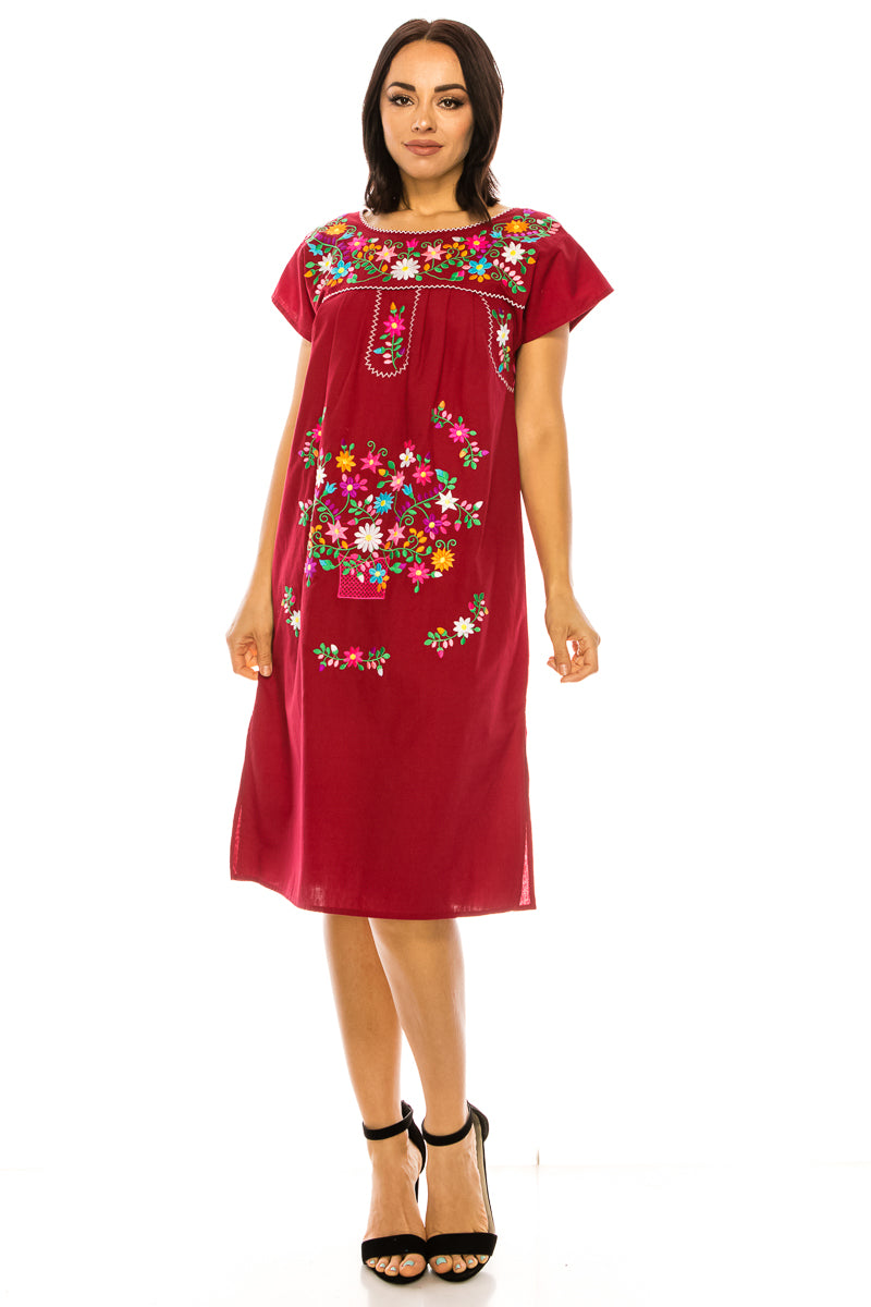 Traditional Burgundy Mexican Women Embroidered Dress (S-3XL) $15 Per Piece. WD2058