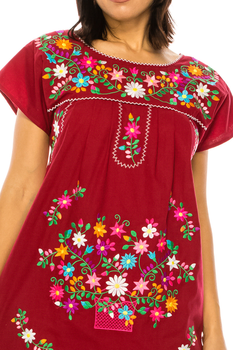 Traditional Burgundy Mexican Women Embroidered Dress (S-3XL) $15 Per Piece. WD2058