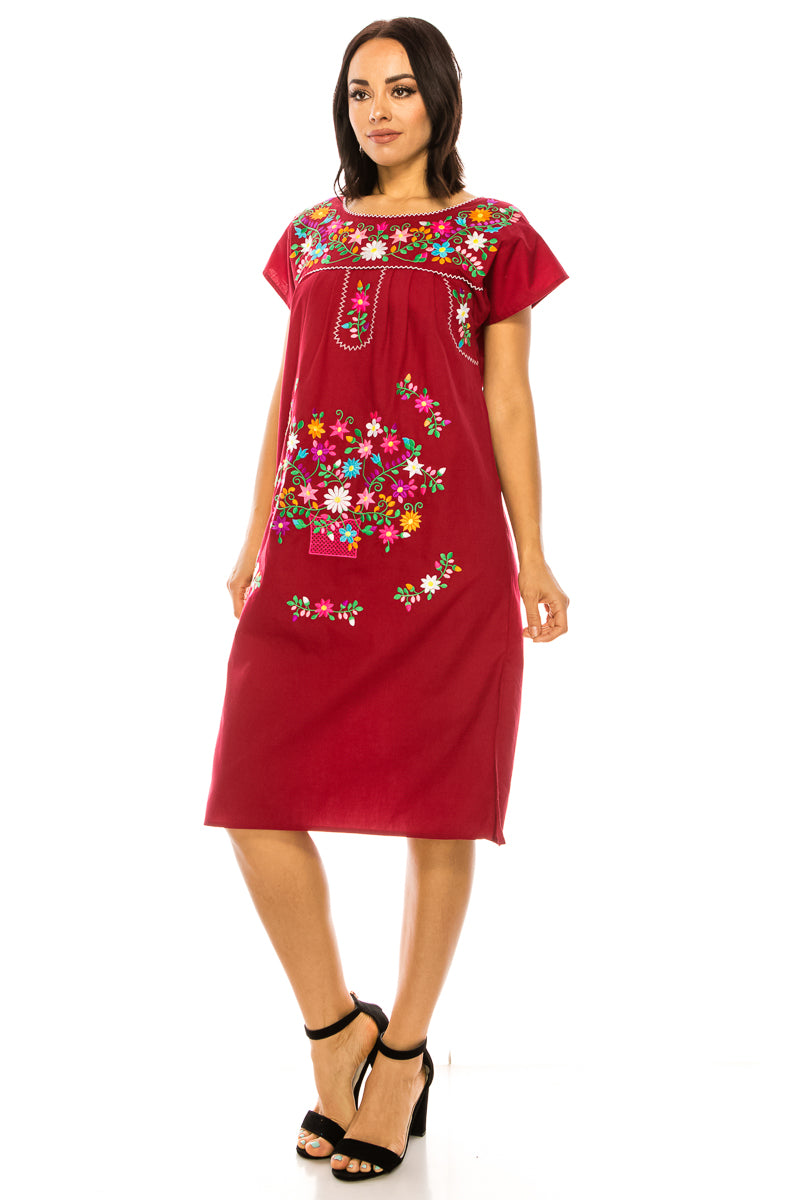 Traditional Burgundy Mexican Women Embroidered Dress (S-3XL) $15 Per Piece. WD2058