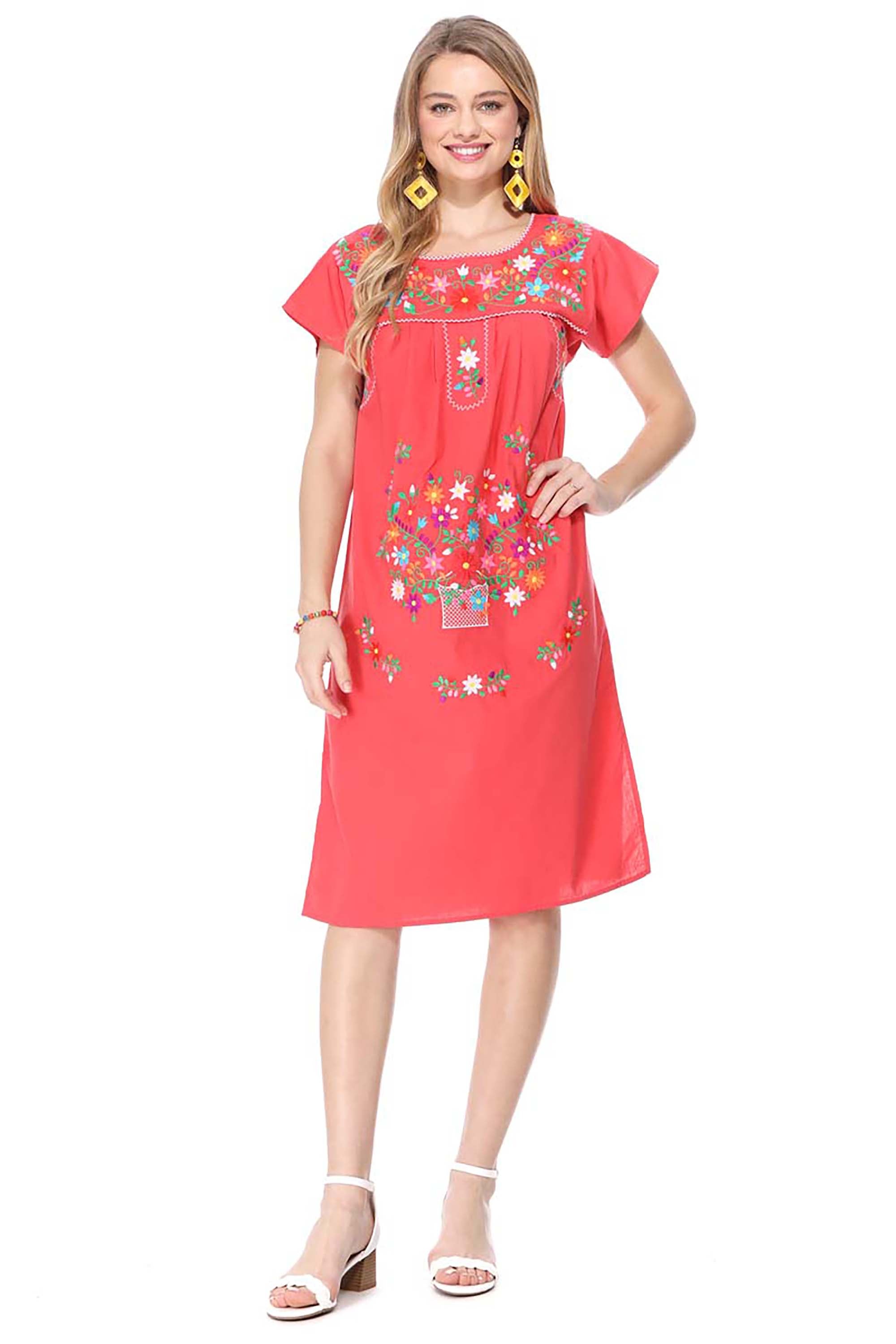 Traditional Coral Mexican Women Embroidered Dress (S-3XL) $15 Per Piece. WD2058