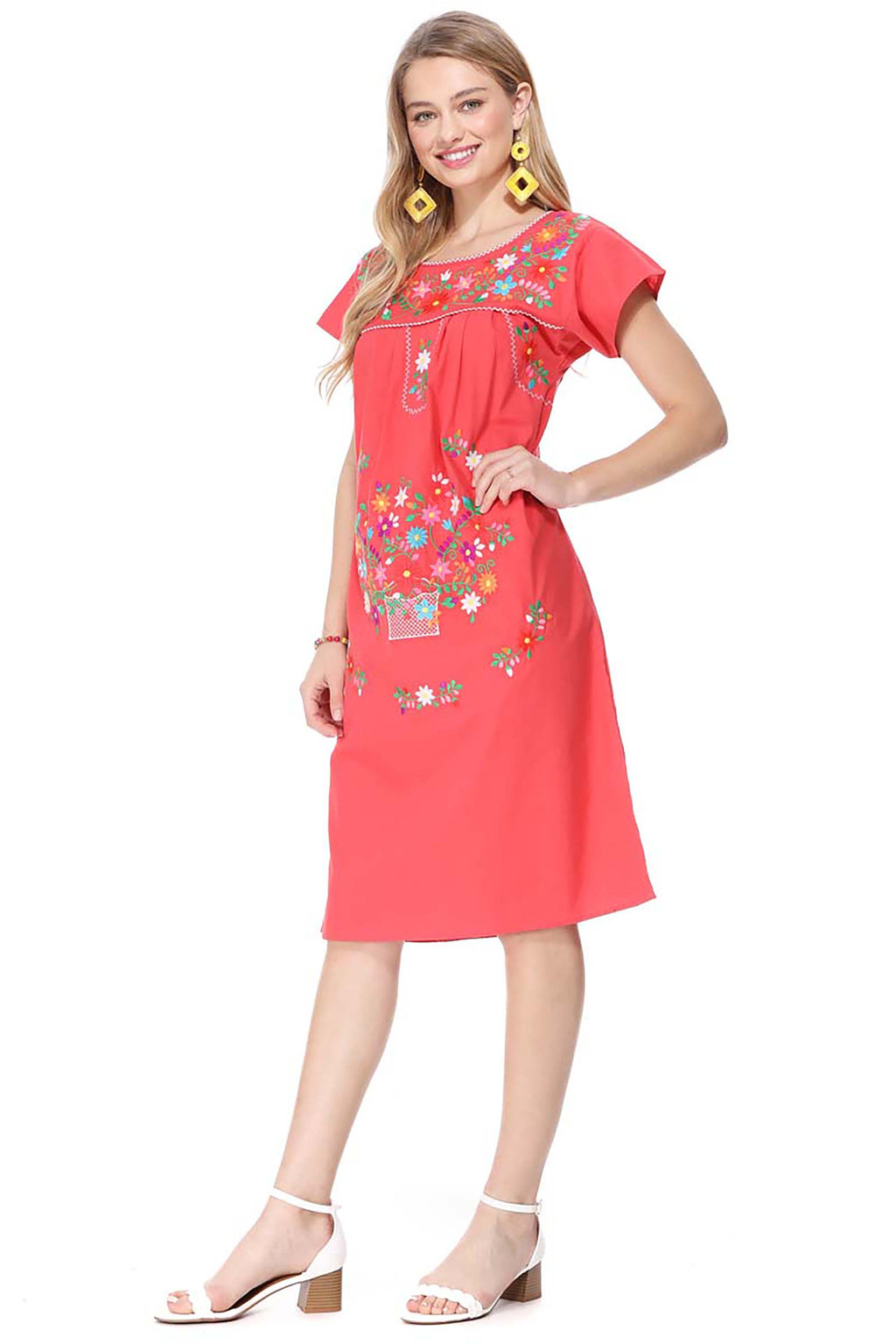 Traditional Coral Mexican Women Embroidered Dress (S-3XL) $15 Per Piece. WD2058