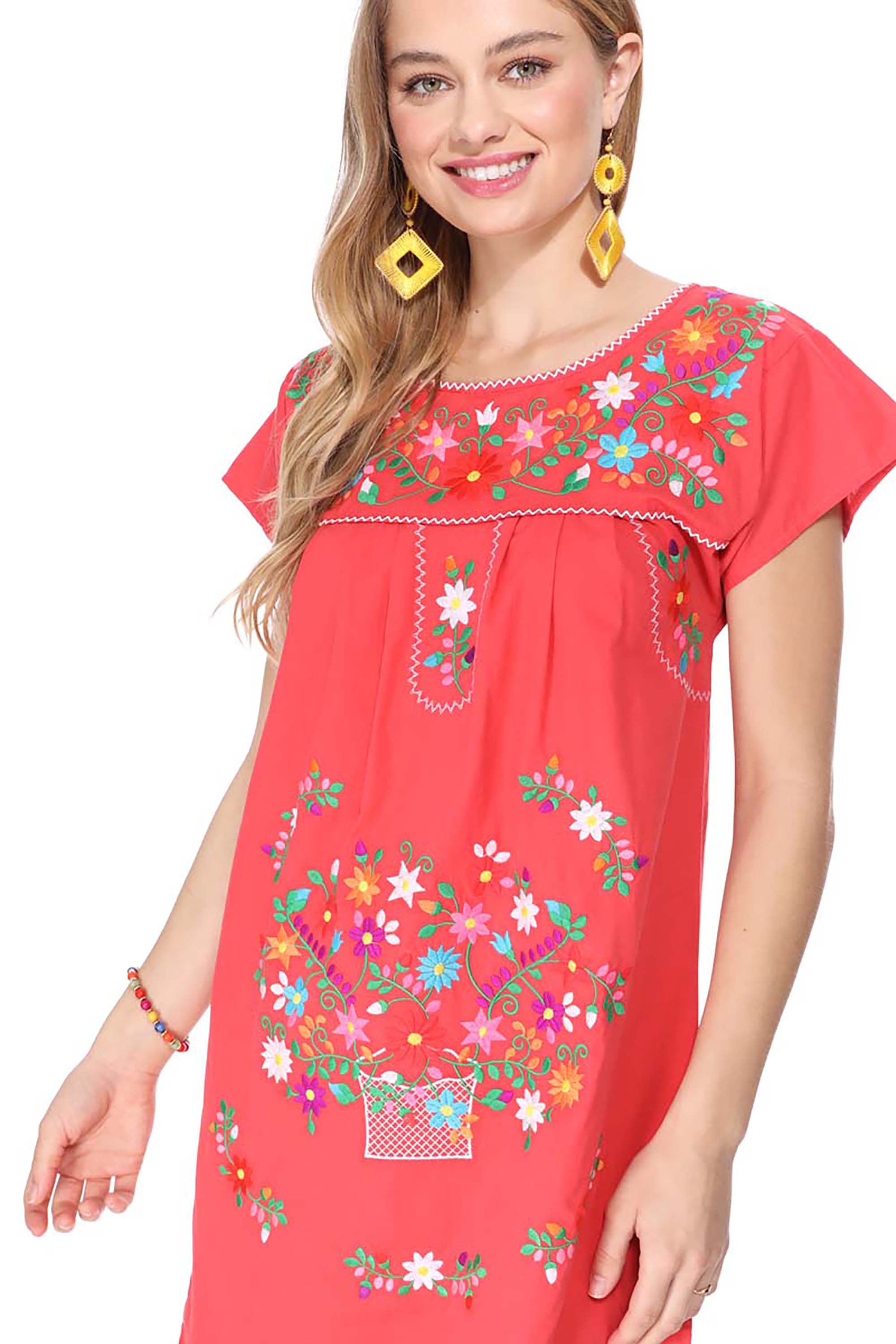 Traditional Coral Mexican Women Embroidered Dress (S-3XL) $15 Per Piece. WD2058