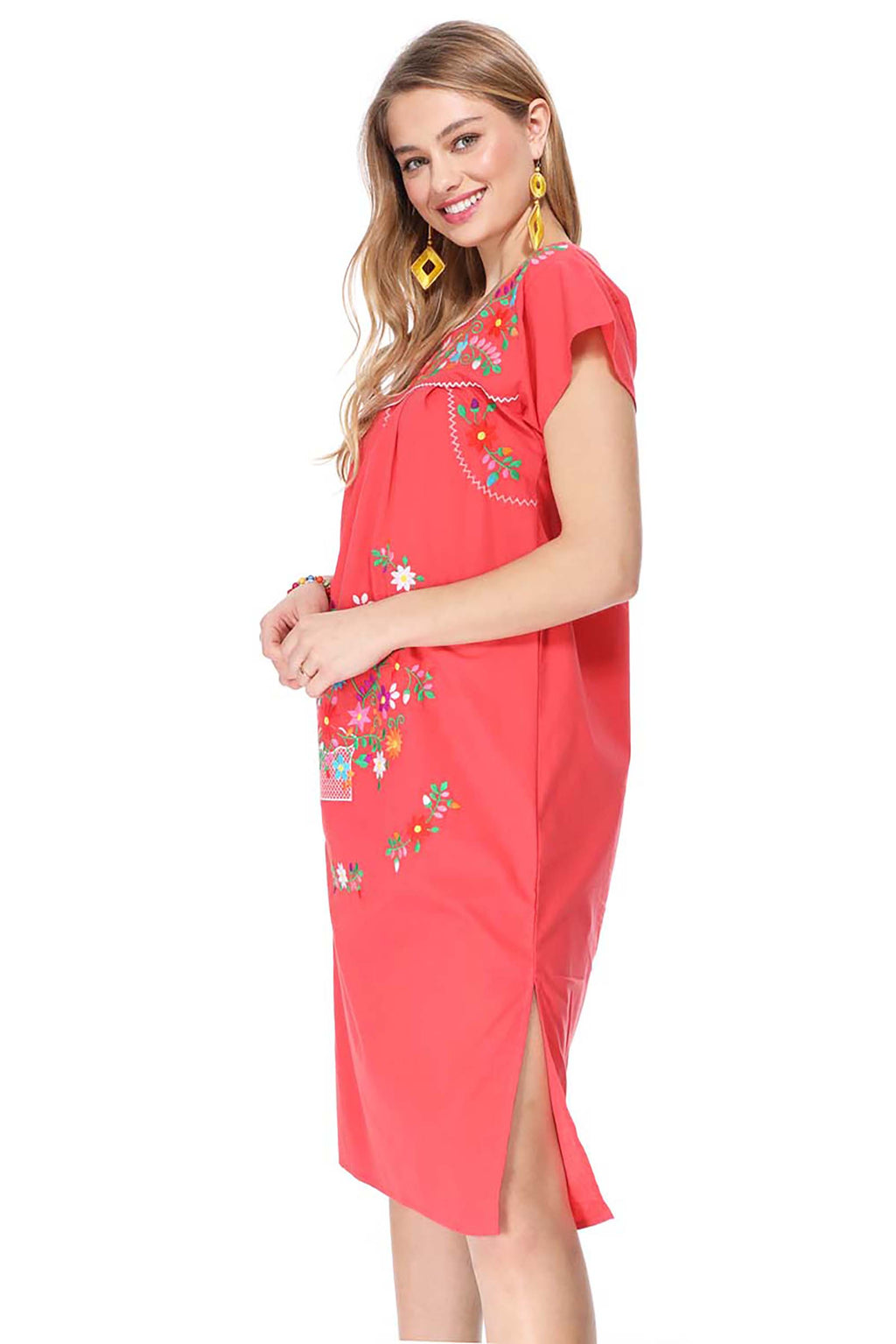 Traditional Coral Mexican Women Embroidered Dress (S-3XL) $15 Per Piece. WD2058