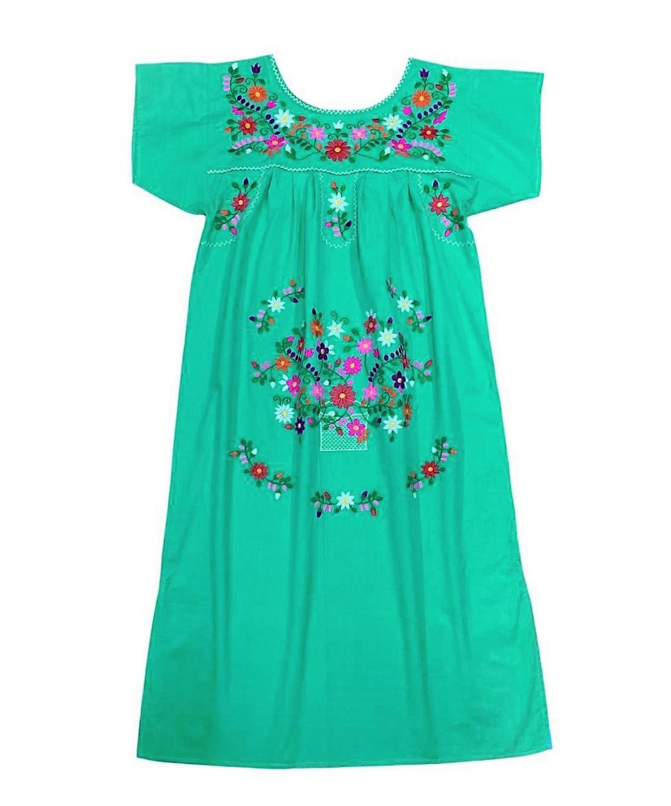 Traditional Mint Mexican Women Embroidered Dress (S-3XL) $15 Per Piece. WD2058