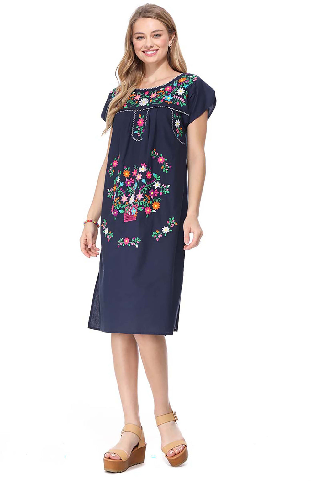 Traditional Navy  Mexican Women Embroidered Dress (S-3XL) $15 Per Piece. WD2058