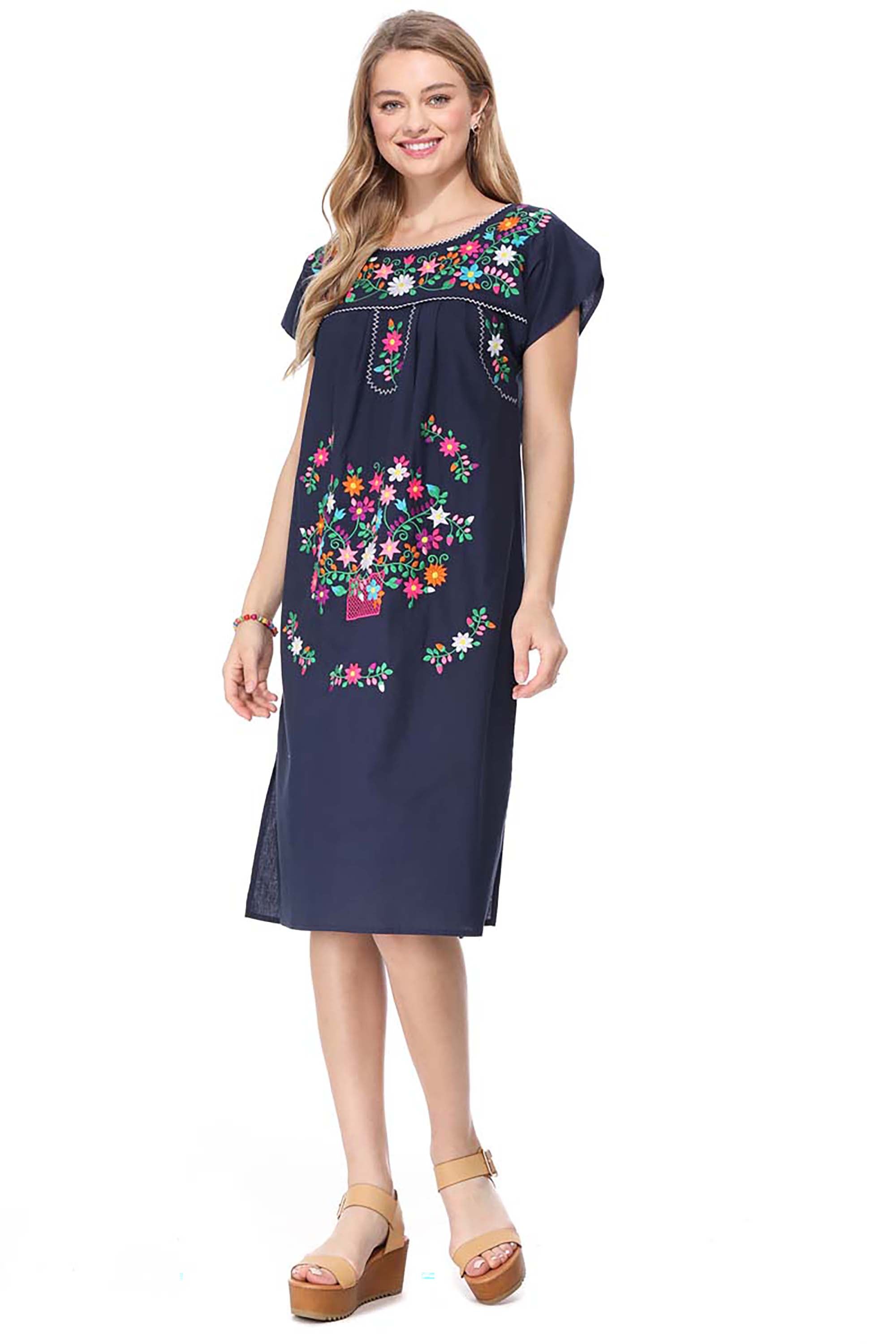 Traditional Navy  Mexican Women Embroidered Dress (S-3XL) $15 Per Piece. WD2058