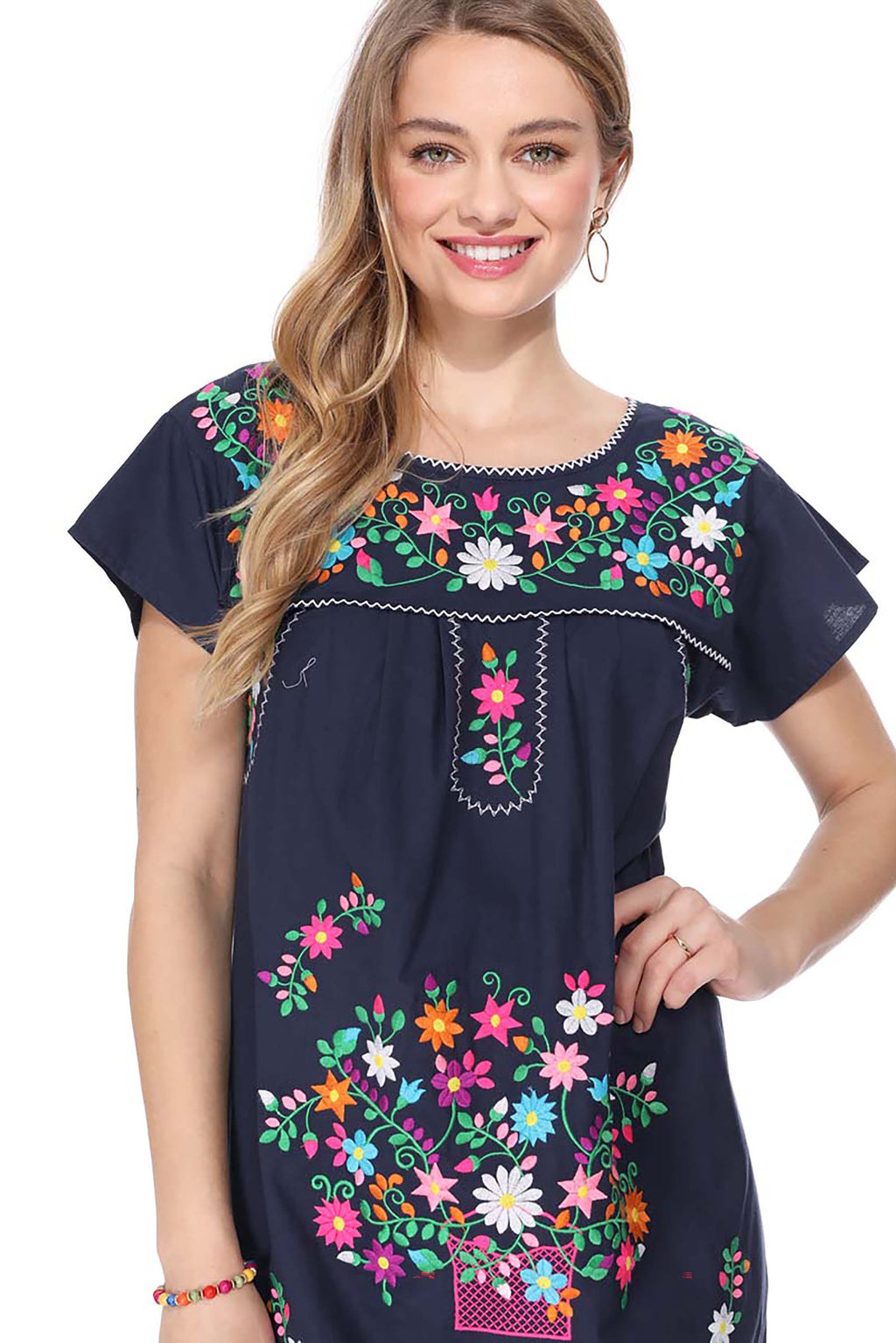 Traditional Navy  Mexican Women Embroidered Dress (S-3XL) $15 Per Piece. WD2058