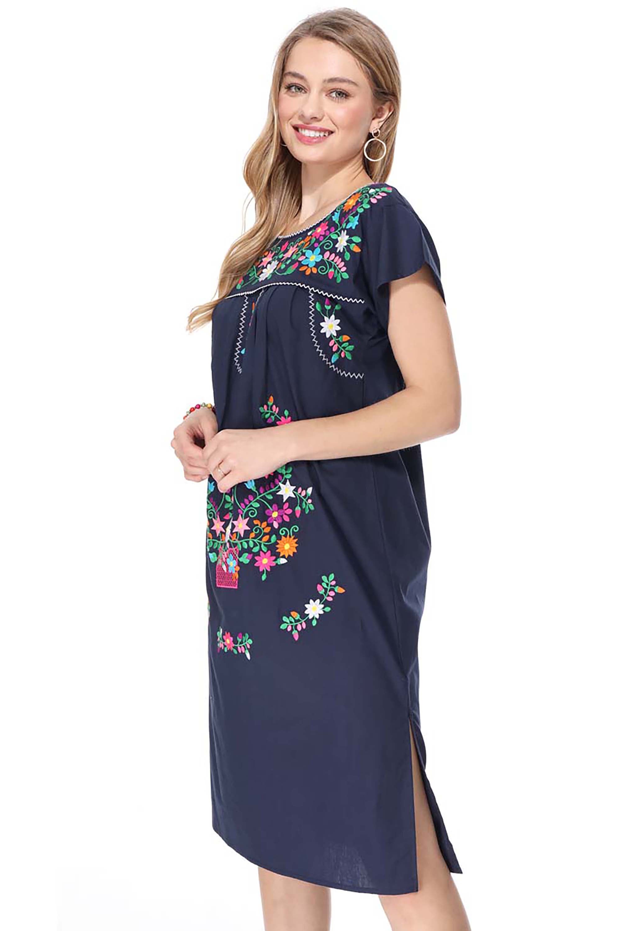 Traditional Navy  Mexican Women Embroidered Dress (S-3XL) $15 Per Piece. WD2058