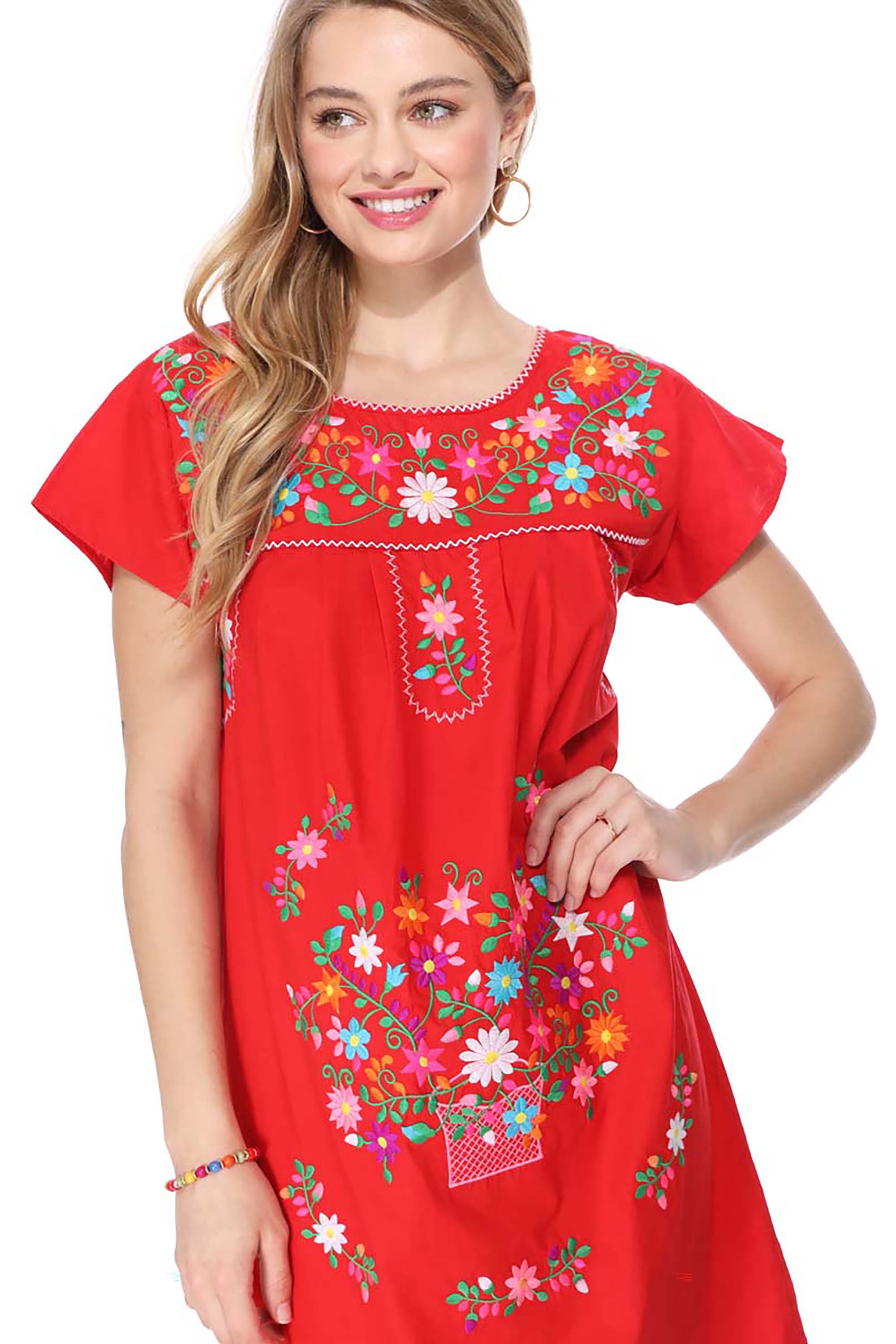 Traditional Red Mexican Women Embroidered Dress (S-3XL) $15 Per Piece. WD2058