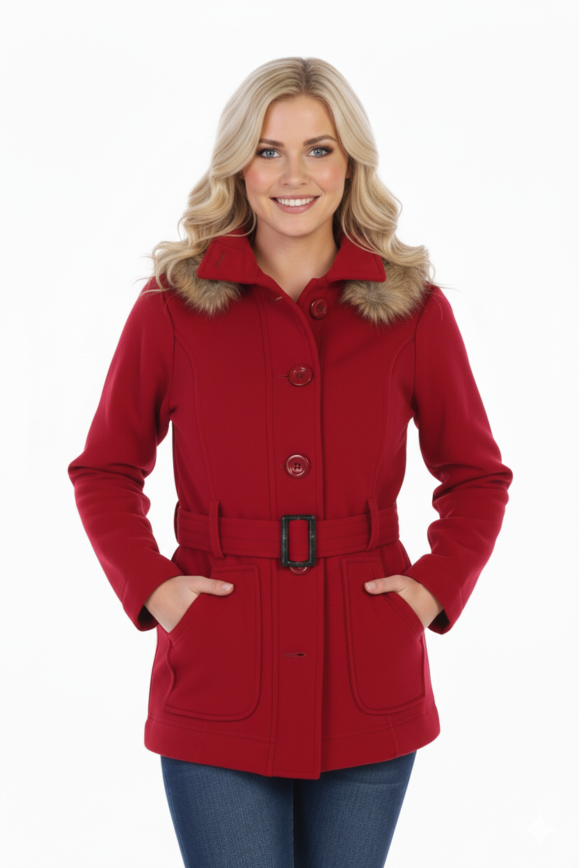 Women Fleece Coat with Fur Hood and Detachable Belt- Dark Red (S-XL) $14 (2X-3X) $15 WJ511