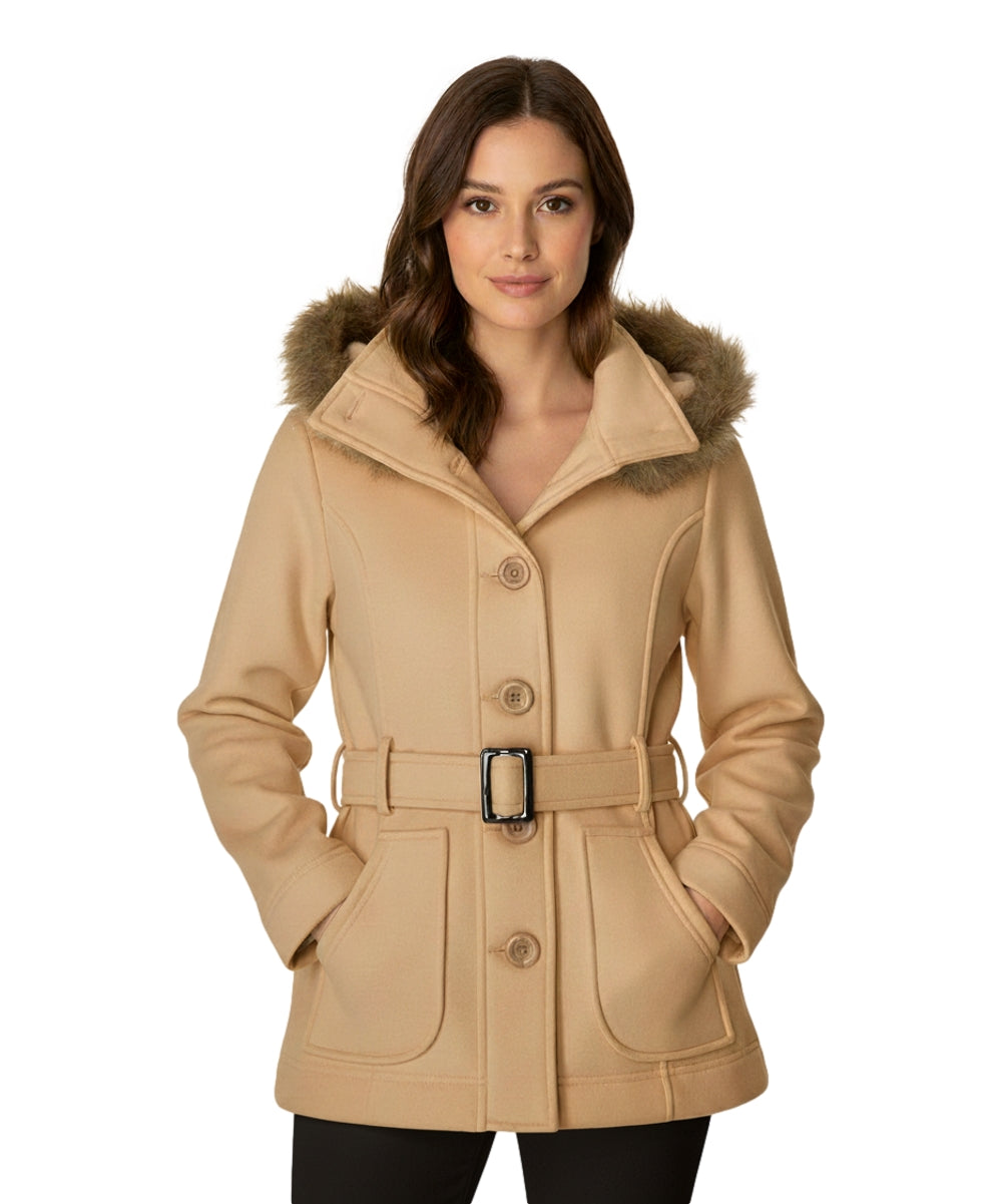 Women Fleece Coat with Fur Hood and Detachable Belt-Camel (S-XL) $14 (2X-3X) $15 WJ511
