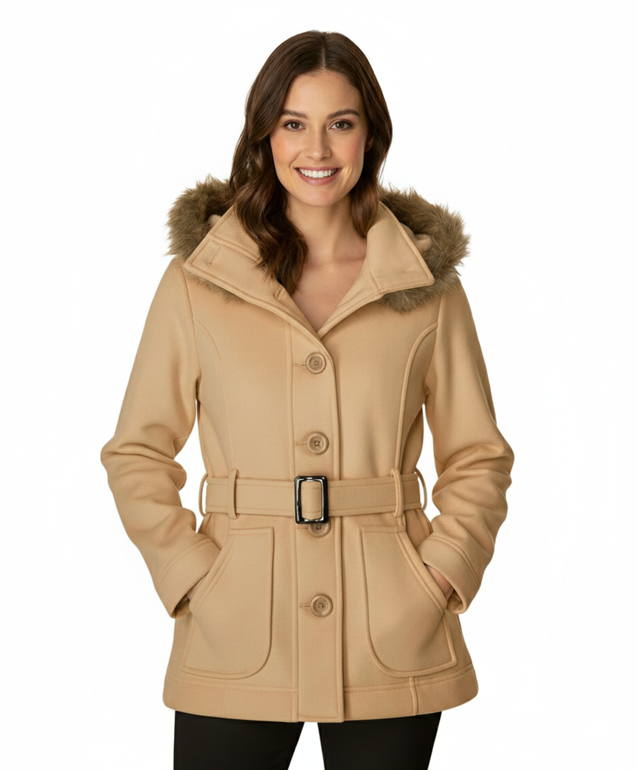 Women Fleece Coat with Fur Hood and Detachable Belt-Camel (S-XL) $14 (2X-3X) $15 WJ511