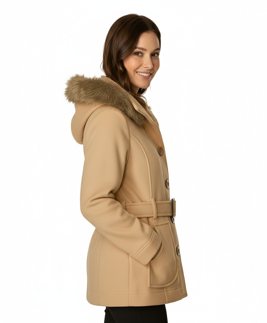 Women Fleece Coat with Fur Hood and Detachable Belt-Camel (S-XL) $14 (2X-3X) $15 WJ511