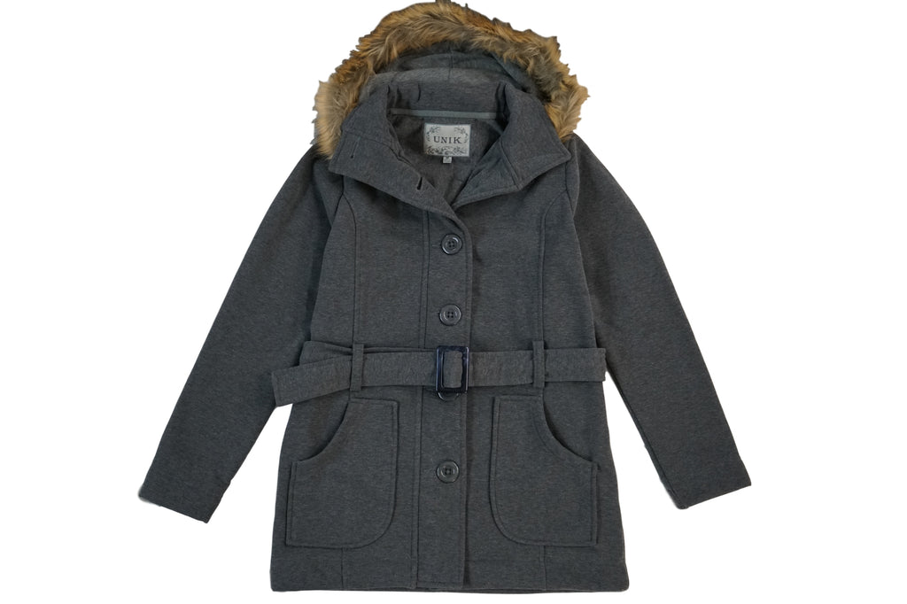 Women Fleece Coat with Fur Hood and Detachable Belt - D. Grey (S-XL) $15.50 (2X-3X) $16.50 WJ16511