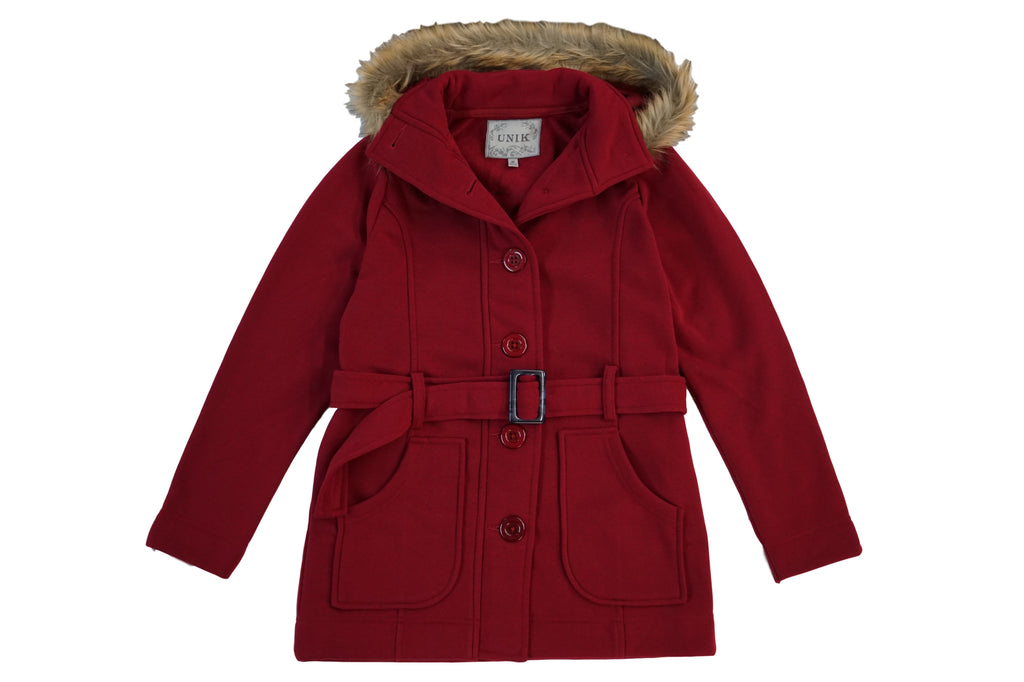 Women Fleece Coat with Fur Hood and Detachable Belt - D. Red (S-XL) $15.50 (2X-3X) $16.50 WJ16511