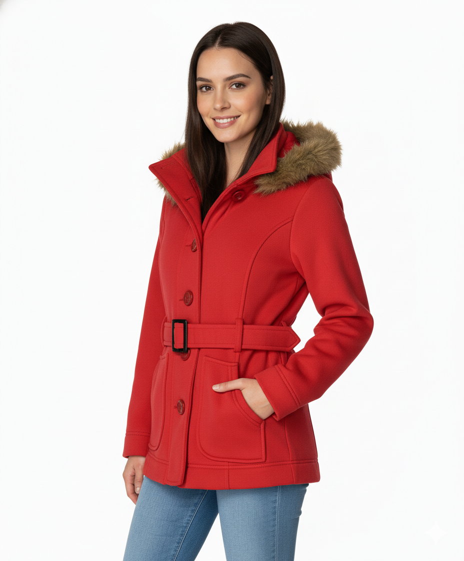 Women  Scarlet Fleece Coat with Fur Hood and Detachable Belt (S-XL) $14 (2X-3X) $15 Per piece WJ511