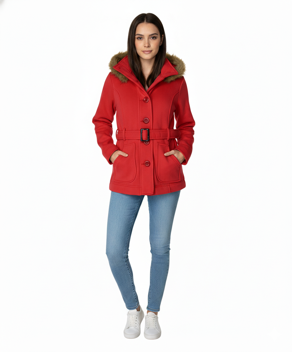 Women  Scarlet Fleece Coat with Fur Hood and Detachable Belt (S-XL) $14 (2X-3X) $15 Per piece WJ511