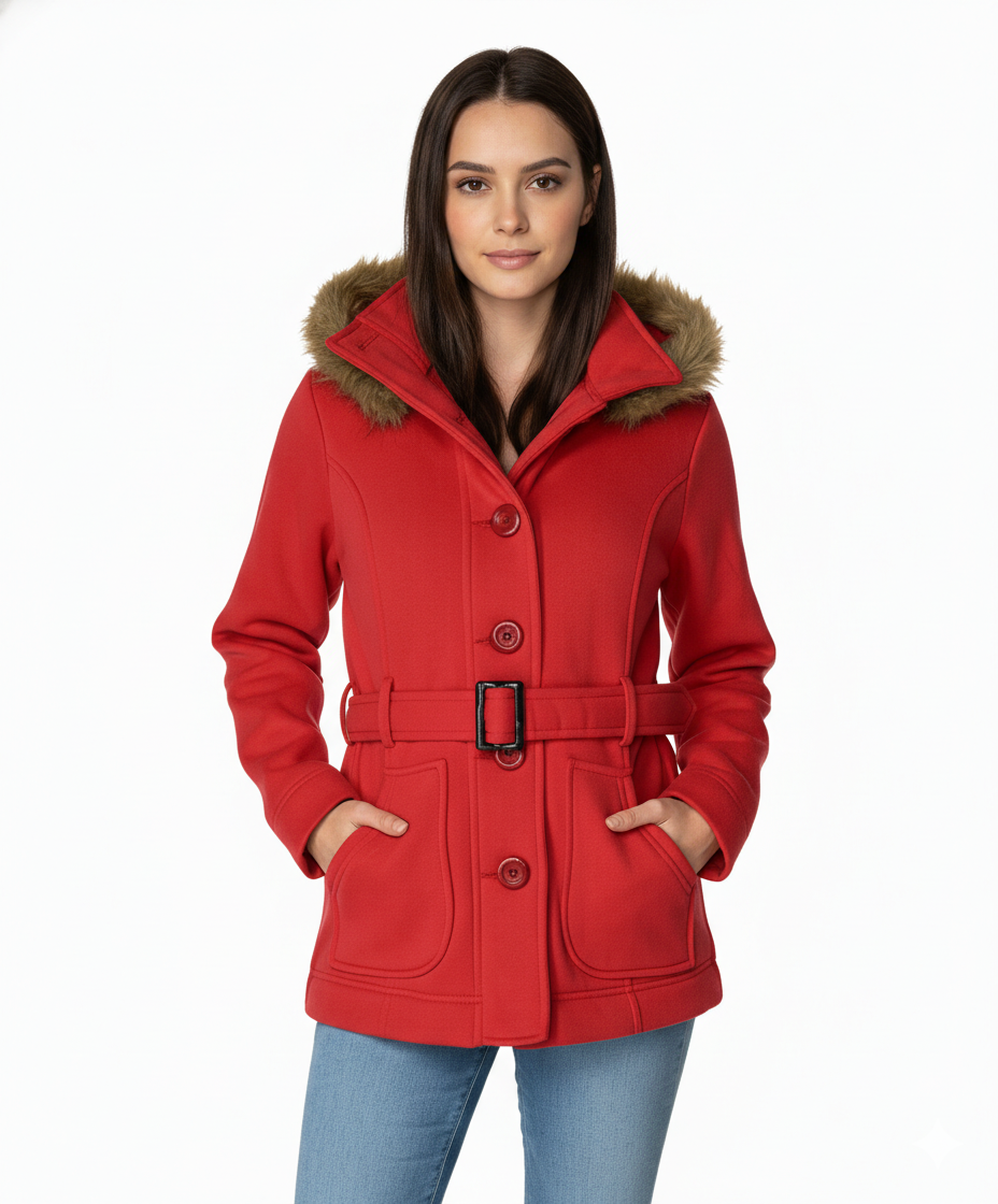 Women  Scarlet Fleece Coat with Fur Hood and Detachable Belt (S-XL) $14 (2X-3X) $15 Per piece WJ511