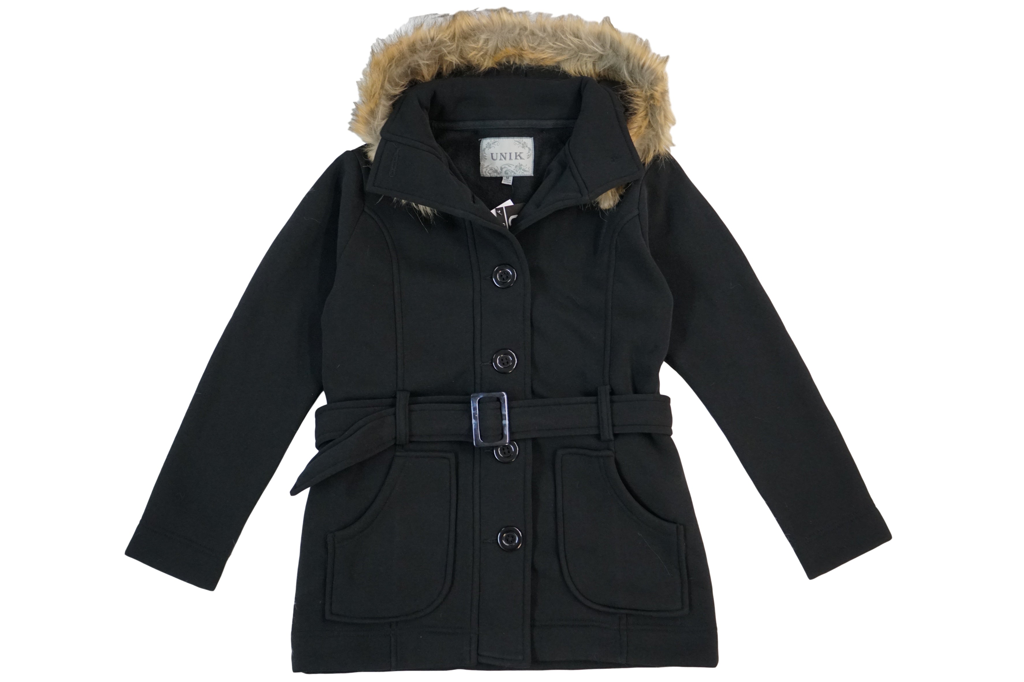 Women Fleece Coat with Fur Hood and Detachable Belt-Black (S-XL) $14 (2X-3X) $15 WJ511