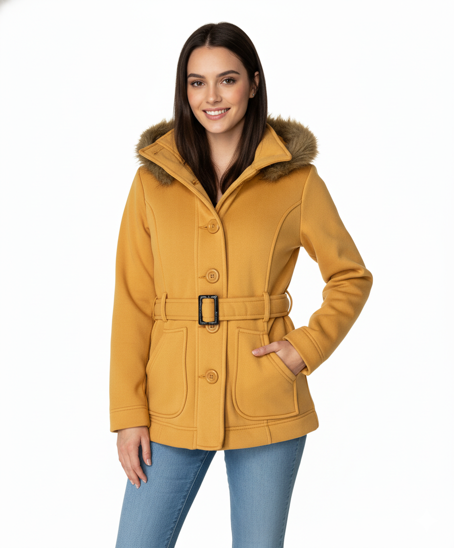 Women Fleece Coat with Fur Hood and Detachable Belt- Honey (S-XL)$14 and (2X-3X) WJ511